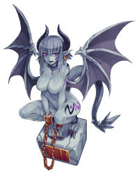 Rule 34 | 1girl, animal hands, bdsm, bioluminescence, body markings, breasts, chain, claws, collar, collarbone, colored skin, cracked skin, cuffs, demon horns, demon wings, earrings, full body, gargoyle, gargoyle (monster girl encyclopedia), glowing, grey hair, grey skin, highres, horns, jewelry, kenkou cross, large breasts, medium hair, monster girl, monster girl encyclopedia, navel, nipples, nude, official art, parted lips, pointy ears, purple eyes, revision, shackles, short hair, simple background, smile, solo, spiked collar, spikes, squatting, statue, tail, tattoo, white background, wings