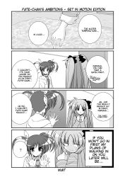 Rule 34 | 00s, 2girls, ?, bathtub, comic, english text, fate testarossa, greyscale, hair ribbon, hard-translated, jacket, long sleeves, looking at another, looking away, lyrical nanoha, mahou shoujo lyrical nanoha, mahou shoujo lyrical nanoha a&#039;s, mikage takashi, monochrome, multiple girls, open clothes, open jacket, open mouth, ribbon, shirt, short hair, spoken question mark, striped clothes, striped shirt, sweatdrop, takamachi nanoha, third-party edit, translated, twintails, two side up, water, wavy mouth