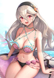 Rule 34 | 1girl, :d, absurdres, arm support, bare arms, bare shoulders, black hairband, blush, breasts, cleavage, collarbone, corrin (female) (fire emblem), corrin (fire emblem), cowboy shot, fire emblem, fire emblem cipher, fire emblem fates, gonzarez, grey hair, hair between eyes, hairband, highres, large breasts, long hair, looking at viewer, navel, nintendo, official alternate costume, open mouth, red eyes, shell, shell bikini, sitting, smile, solo, stomach, tail, thighs, very long hair