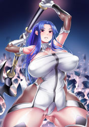 Rule 34 | 1girl, alternate breast size, arms up, axe, bare shoulders, battle axe, blue hair, bodysuit, breasts, cameltoe, cleavage, cleft of venus, curvy, dress, fangs, high ponytail, highres, hime cut, holding, holding weapon, large breasts, legs apart, long hair, looking at viewer, nipples, partially visible vulva, ponytail, red eyes, remu (kirieroido), shiny clothes, shiny skin, short dress, solo, taimanin (series), taimanin asagi, teeth, thong, very long hair, weapon, yatsu murasaki