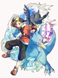 Rule 34 | 1boy, backpack, backwards hat, bag, baseball cap, black hair, blue bag, capri pants, closed mouth, commentary request, creatures (company), ethan (pokemon), game freak, gen 1 pokemon, gen 2 pokemon, golduck, grey eyes, hand on own head, hat, highres, holding, holding poke ball, jacket, long sleeves, male focus, murkrow, nigiri (ngr24), nintendo, orange jacket, pants, poke ball, poke ball (basic), pokemon, pokemon (creature), pokemon hgss, shoes, signature, water
