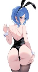 Rule 34 | 1girl, :/, absurdres, alternate costume, animal ears, ass, backless leotard, bare shoulders, black leotard, black thighhighs, blue eyes, blue hair, blush, breasts, closed mouth, cowboy shot, detached collar, embarrassed, fake animal ears, fawny, from behind, hair between eyes, hand on own thigh, hand up, highres, hololive, hoshimachi suisei, legs together, leotard, long hair, looking back, playboy bunny, rabbit ears, side ponytail, simple background, small breasts, solo, standing, star (symbol), star in eye, strapless, strapless leotard, symbol in eye, thigh gap, thighhighs, thong leotard, transparent background, turning head, virtual youtuber, white wrist cuffs, wrist cuffs