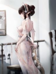 Rule 34 | 1girl, arknights, back, black hair, blue eyes, blunt bangs, braid, breasts, dress, eunectes (arknights), hair ornament, highres, indoors, looking at viewer, looking back, masai no senshi, median furrow, medium breasts, see-through, see-through dress, sideboob, solo, standing, thighhighs, white dress, white thighhighs