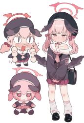 Rule 34 | &lt;|&gt; &lt;|&gt;, 1girl, absurdres, bag, black footwear, black headwear, black shirt, black wings, blue archive, blush, character doll, chibi, closed mouth, commentary, english commentary, feathered wings, fumo (doll), hair ribbon, halo, head wings, highres, kneehighs, koharu (blue archive), long sleeves, low wings, medium hair, miniskirt, multiple views, neckerchief, nose blush, open mouth, opossumachine, pink eyes, pink hair, pink halo, pink neckerchief, pink ribbon, pink skirt, pleated skirt, ribbon, sailor collar, sailor shirt, shirt, shoulder bag, single bare shoulder, skirt, sleeves past fingers, sleeves past wrists, slit pupils, socks, teeth, twintails, upper teeth only, white sailor collar, white socks, wings