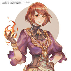 Rule 34 | 1girl, black gloves, bracelet, brown hair, closed mouth, commission, earrings, final fantasy, final fantasy xiv, freckles, gloves, green eyes, hand on own hip, highres, hyur, jewelry, lips, looking at viewer, moogie (shinjyu), necklace, scar, scar across eye, scar on face, short hair, simple background, solo, swept bangs, two-tone background, upper body, warrior of light (ff14)