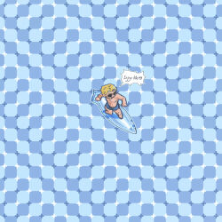 1boy :d blue_background checkered_background chibi chibi_only curly_(mouthwashing) english_text fast_wood567 highres male_focus male_swimwear mouthwashing open_mouth optical_illusion primrose_field_illusion smile solo speech_bubble sunglasses surfboard surfing sweatband swim_trunks topless_male