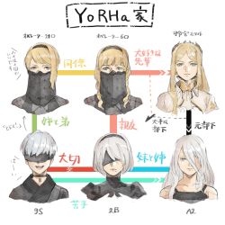 Rule 34 | 1boy, 5girls, black blindfold, black hairband, blindfold, blonde hair, choker, commentary request, covered eyes, hair ornament, hair over one eye, hairband, highres, mole, mole under mouth, multiple girls, nier (series), nier:automata, open mouth, operator 21o, operator 6o, relationship graph, roru (lol dessin), sidelocks, silver hair, smile, translation request, veil, commander (nier:automata), 2b (nier:automata), 9s (nier:automata), a2 (nier:automata)