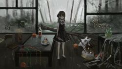 Rule 34 | 1girl, balloon, birthday cake, black dress, black hair, bottle, broken window, cake, cake slice, candle, chair, child, dress, expressionless, fallen tree, female focus, fog, food, forest, highres, holding, holding knife, knife, looking at viewer, nature, original, plate, puddle, solo, standing, stuffed animal, stuffed rabbit, stuffed toy, table, tree, water, yossy nekochan