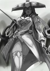 Rule 34 | 1girl, bead necklace, beads, bikini, bikini top only, breasts, bridal gauntlets, cleavage, cloak, closed mouth, commentary, cowboy shot, fate/grand order, fate (series), from below, greyscale, hair between eyes, hand on own hip, hat, highres, holding, holding staff, jewelry, khakkhara, kouichi09, large breasts, looking down, monochrome, necklace, prayer beads, solo, staff, swimsuit, thighhighs, underboob, xuangzang sanzang (fate)