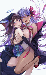 Rule 34 | 2girls, ass, back, bare shoulders, bb (fate), bb (fate) (all), bb (swimsuit mooncancer) (fate), bb (swimsuit mooncancer) (third ascension) (fate), black coat, black dress, black gloves, black headwear, blue eyes, blunt bangs, blush, breasts, center opening, coat, dark-skinned female, dark skin, dress, elbow gloves, fate/grand order, fate (series), gloves, hair ornament, hair ribbon, highleg, highleg leotard, highres, hutuu (1121), large breasts, leaf hair ornament, leotard, long hair, looking at viewer, multiple girls, neck ribbon, open clothes, open coat, open mouth, popped collar, purple eyes, purple hair, red ribbon, ribbon, simple background, smile, tan, thighs, very long hair, white gloves, white leotard, yang guifei (fate), yang guifei (third ascension) (fate)