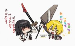 Rule 34 | 2girls, bbunny, black hair, blonde hair, blunt bangs, chibi, cigarette, coat, collared shirt, commentary request, don quixote (project moon), grey coat, hair between eyes, holding, holding paintbrush, holding polearm, holding sword, holding weapon, korean commentary, korean text, lance, limbus company, long sleeves, multiple girls, necktie, open clothes, open coat, open mouth, orange eyes, paintbrush, polearm, project moon, red eyes, red necktie, ryoshu (project moon), sanpaku, shirt, smile, smoking, sparkling eyes, sword, translation request, v-shaped eyebrows, weapon, white shirt