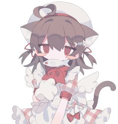 Rule 34 | 1girl, absurdres, ahoge, angel wings, animal ear fluff, animal ears, animal hands, apron, blush stickers, bow, bowtie, brown hair, cat ears, cat girl, cat paws, cat tail, daizu (melon-lemon), dress, extra ears, fish, fish bone, fish hair ornament, frilled apron, frills, gingham bow, gingham dress, gloves, hair between eyes, hair ornament, hair ribbon, hat, heart, heart ahoge, highres, looking at viewer, maid apron, medium hair, mini wings, mouth hold, no nose, original, paw gloves, puffy short sleeves, puffy sleeves, red bow, red bowtie, red dress, red eyes, red ribbon, ribbon, sailor hat, short sleeves, simple background, solo, standing, tail, transparent background, two side up, upper body, white apron, white bow, white hat, wings
