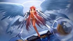 Rule 34 | 1girl, ahoge, bad id, bad pixiv id, bare legs, barefoot, breasts, chain, cleavage, from below, green eyes, halo, highres, ikaros, large breasts, long hair, looking at viewer, machinery, multiple wings, navel, parted lips, pink hair, solo, sora no otoshimono, very long hair, white wings, wings, zhuore zhi hen