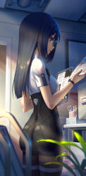 Rule 34 | 1girl, alice gear aegis, ass, black hair, bodysuit, eyebrows hidden by hair, from behind, from side, glasses, highres, holding, holding paper, holding tablet pc, leggings, long hair, looking down, momoshina fumika, paper, pinakes, plant, purple eyes, sidelocks, solo, tablet pc, thigh strap