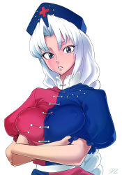 Rule 34 | 1girl, bad id, bad pixiv id, blue eyes, braid, breast lift, breasts squeezed together, breasts, covered erect nipples, cross, crossed arms, female focus, hat, large breasts, lips, long hair, nurse cap, parted lips, red cross, solo, spacezin, touhou, very long hair, white hair, yagokoro eirin