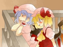 Rule 34 | 2girls, arm rest, ascot, bad id, bad pixiv id, blonde hair, blush, bow, head rest, comic, closed eyes, female focus, flandre scarlet, hair bow, hammer (sunset beach), hands on own face, hat, large bow, light purple hair, multiple girls, open mouth, remilia scarlet, short hair, siblings, side ponytail, silent comic, sisters, staring, touhou, wings, wrist cuffs