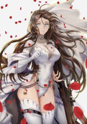 Rule 34 | 1girl, asagik23, blue eyes, bolt action, breasts, bridal veil, brown hair, elbow gloves, girls&#039; frontline, gloves, grin, groin, gun, lee-enfield, lee-enfield (girls&#039; frontline), leotard, long hair, looking at viewer, petals, rifle, simple background, smile, solo, thigh strap, thighhighs, veil, very long hair, weapon, white gloves, white thighhighs