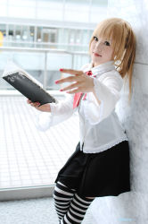 Rule 34 | 1girl, amane misa, amane misa (cosplay), asian, blonde hair, book, breasts, cosplay, cosplay photo, death note, death note (object), kipi-san, long hair, looking at viewer, nail polish, necktie, photo (medium), real life, small breasts, solo, striped clothes, striped thighhighs, thighhighs