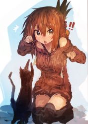Rule 34 | !, !!, 1girl, ^^^, absurdres, alternate costume, brown eyes, brown hair, brown sweater, cat, cat teaser, commentary request, dress, folded ponytail, hair between eyes, highres, inazuma (kancolle), kaamin (mariarose753), kantai collection, kneeling, looking at viewer, off shoulder, open mouth, over-kneehighs, playing, solo, surprised, sweatdrop, sweater, sweater dress, thighhighs