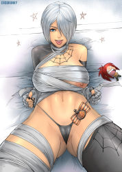 Rule 34 | 1girl, angel (kof), bandages, breasts, cameltoe, cleft of venus, costume, erodrunky, female focus, hair over one eye, halloween, halloween costume, highres, large breasts, looking at viewer, lying, mummy, mummy costume, navel, on back, panties, partially visible vulva, pussy, short hair, solo, spread legs, the king of fighters, the king of fighters all-stars, thighs, toned, tongue, tongue out, underwear, white hair