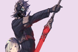 Rule 34 | 1boy, 1girl, absurdres, asil, black hair, blue eyes, blunt bangs, brynhildr (fate), fate/grand order, fate (series), glasses, gloves, grey hair, highres, holding, holding sword, holding weapon, looking at viewer, mask, messy hair, multicolored hair, purple background, purple eyes, reverse grip, sigurd (fate), sigurd (first ascension) (fate), simple background, smile, sword, two-tone hair, upper body, weapon, white hair