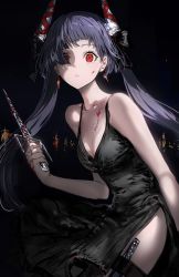 Rule 34 | 1girl, absurdres, bare shoulders, black dress, black hair, blood, blood on hands, bloody weapon, collarbone, cowboy shot, dagger, demon horns, dress, earrings, gawako, hair over one eye, highres, holding, holding dagger, holding knife, holding weapon, horns, jewelry, knife, long hair, original, red eyes, red hair, solo, thigh strap, weapon