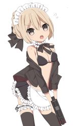 Rule 34 | 1girl, apron, artoria pendragon (alter swimsuit rider) (fate), artoria pendragon (alter swimsuit rider) (second ascension) (fate), artoria pendragon (fate), bare shoulders, bikini, bikini top only, black bikini, black bow, black jacket, black skirt, black thighhighs, bow, braid, breasts, bridal garter, brown eyes, cleavage, collar, fate/grand order, fate (series), flying sweatdrops, frilled apron, frilled collar, frills, gun, hair between eyes, hair bow, highres, holding, holding gun, holding weapon, jacket, light brown hair, long sleeves, maid, maid headdress, medium breasts, open clothes, open jacket, open mouth, pleated skirt, sapphire (sapphire25252), simple background, skirt, solo, sweat, swimsuit, teeth, thighhighs, upper teeth only, waist apron, weapon, white apron, white background