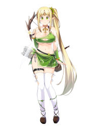Rule 34 | 1girl, absurdly long hair, blonde hair, blush, bow (weapon), breasts, cleavage, closed mouth, collarbone, full body, green eyes, highres, large breasts, long hair, looking at viewer, navel, original, pointy ears, side ponytail, simple background, smile, solo, subaru (794829485), thighhighs, very long hair, weapon, white background, white thighhighs