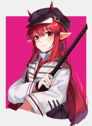 Rule 34 | 1girl, absurdres, arknights, blue ribbon, blush, chinese commentary, commentary request, cropped torso, grey background, hat, highres, horns, jewelry, lan yu, long hair, long sleeves, pink background, pointy ears, red eyes, red hair, ribbon, ring, solo, two-tone background, upper body, vigna (arknights)