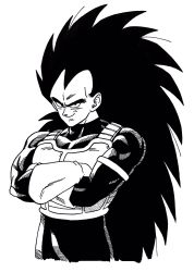 Rule 34 | 1boy, alternate costume, armor, black eyes, black hair, crossed arms, dragon ball, dragonball z, frown, gloves, greyscale, highres, lee (dragon garou), long hair, looking at viewer, male focus, monochrome, raditz, simple background, smile, solo, spiked hair, standing, upper body, very long hair, white background