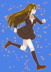 Rule 34 | 1girl, absurdres, black socks, blazer, blue background, bow, bowtie, breasts, brown eyes, brown footwear, brown hair, brown jacket, brown skirt, clenched hands, collared shirt, commentary request, full body, hair ribbon, hairband, highres, hoshikuzunoomoi, jacket, kneehighs, kouyouen academy school uniform, loafers, long hair, long sleeves, medium breasts, official alternate costume, official alternate hair length, official alternate hairstyle, pink bow, pink bowtie, pocket, ribbon, running, school uniform, shirt, shoes, simple background, skirt, socks, solo, star (symbol), starry background, suzumiya haruhi, suzumiya haruhi no shoushitsu, suzumiya haruhi no yuuutsu, white shirt, winter uniform, yellow hairband, yellow ribbon