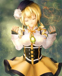 Rule 34 | 10s, 1122yuki, 1girl, bad id, bad pixiv id, beret, blonde hair, breasts, closed eyes, colorized, corset, detached sleeves, drill hair, fingerless gloves, gloves, hair ornament, hat, large breasts, magical girl, mahou shoujo madoka magica, mahou shoujo madoka magica (anime), pleated skirt, puffy sleeves, ribbon, shirt, skirt, smile, solo, soul gem, taut clothes, taut shirt, tijuu, tomoe mami, yellow eyes