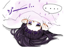 Rule 34 | ..., 10s, 1girl, akemi homura, black hair, covered face, covering own mouth, hairband, kotatsu, long hair, looking at viewer, lying, mahou shoujo madoka magica, mahou shoujo madoka magica (anime), on floor, peeking out, purple eyes, silverxp, simple background, solo, staring, table, white background