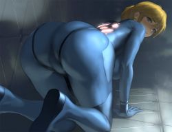 Rule 34 | 1girl, all fours, ass, ass focus, blonde hair, blue bodysuit, blue eyes, bodysuit, breasts, cameltoe, crawling, from behind, grey background, huge ass, infi, large breasts, long hair, looking at viewer, looking back, metroid, metroid: zero mission, nintendo, samus aran, skin tight, solo, swept bangs, thigh gap, zero suit