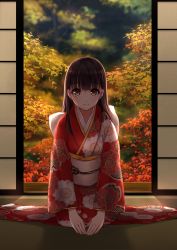Rule 34 | 1girl, architecture, autumn leaves, black hair, brown eyes, east asian architecture, highres, indoors, japanese clothes, kamon (shinshin), kimono, kneeling, long hair, long sleeves, looking at viewer, new year, original, sitting, smile, solo, sura (mana0703), tree
