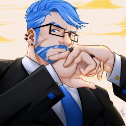 Rule 34 | 1boy, bara, beard, black-framed eyewear, black suit, blue eyes, blue hair, blue necktie, daji takaishi (takai 43), ear piercing, eyebrow cut, facial hair, facial scar, formal, glasses, hand on hand, highres, jewelry, looking at viewer, male focus, mature male, multiple rings, mustache, necktie, original, own hands together, piercing, ring, scar, scar on cheek, scar on face, short hair, smile, solo, suit, thick eyebrows, upper body