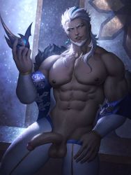 Rule 34 | 1boy, abs, bara, bare pectorals, bare shoulders, beard, biceps, blue eyes, blue hair, coat, facial hair, feet out of frame, genshin impact, glowing, glowing eyes, half-erect, half mask, highres, holding, holding mask, large pectorals, long hair, looking at viewer, male focus, mask, unworn mask, mature male, moonlight, muscular, muscular male, navel, night, nipples, open pants, pants, pectorals, penis, pierro (genshin impact), seductive smile, sitting, smile, solo, stomach, testicles, thighs, uncensored, wetem, white hair