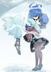 Rule 34 | 2girls, absurdres, ass, black eyes, black footwear, black pantyhose, black skirt, blue dress, blue hair, blue headwear, cabbie hat, closed mouth, commentary request, dress, flying, full body, hagoromo, hair rings, hat, hat ornament, highres, hug, jiangshi, kaku seiga, lace-trimmed sleeves, lace trim, looking at viewer, looking to the side, miyako yoshika, multiple girls, ofuda, open clothes, open vest, outstretched arms, panties, panties under pantyhose, pantyhose, red shirt, shawl, shika miso, shirt, short hair, skirt, smile, standing, star (symbol), star hat ornament, touhou, tree, underwear, vest, white panties, white vest, wide sleeves, zombie pose