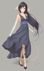 Rule 34 | 1girl, animal ears, blue dress, breasts, cleavage, closed mouth, collarbone, commentary request, dress, elbow gloves, full body, gloves, grey background, high heels, highres, jewelry, kuon (utawarerumono), light smile, long dress, long hair, medium breasts, miura-n315, necklace, sash, signature, skirt hold, sleeveless, sleeveless dress, solo, standing, tail, utawarerumono, utawarerumono: itsuwari no kamen, white gloves, yellow eyes