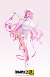 Rule 34 | 1girl, absurdres, breasts, cleavage, copyright name, destiny child, dress, eye reflection, facial mark, fangs, flower, full body, hat, highres, huge breasts, hyulla, lips, logo, long hair, looking at viewer, open mouth, pelvic curtain, pink eyes, pink hair, pink ribbon, reflection, revealing clothes, ribbon, senga (destiny child), skindentation, solo, standing, standing on one leg, sunah (destiny child), teardrop tattoo, thigh strap, white dress, wide sleeves