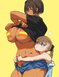 Rule 34 | 2girls, bikini, black shirt, blonde hair, blue eyes, blue shorts, breasts, brown hair, clothes lift, dark-skinned female, dark skin, height difference, highres, hug, hug from behind, huge breasts, kei (m k), large breasts, lifted by self, long hair, m k, multiple girls, navel, open fly, original, petite, ponytail, red eyes, rika (m k), shirt, shirt lift, short hair, short shorts, shorts, simple background, stomach, striped bikini, striped clothes, sweat, swimsuit, tall, tall female, thighs, toned, underboob, undressing, yellow background, yuri