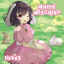 Rule 34 | 1girl, album cover, animal ears, black hair, carrot necklace, circle name, cover, dress, english text, floppy ears, frilled sleeves, frills, game cg, grass, hachipuyo, inaba mob (touhou), inaba tewi, iosys, jewelry, naughty face, necklace, official art, one eye closed, petting, pink dress, puffy short sleeves, puffy sleeves, rabbit, rabbit ears, rabbit girl, rabbit tail, red eyes, ribbon-trimmed dress, short hair, short sleeves, sitting, solo, sunlight, tail, tongue, tongue out, touhou, touhou cannonball, tree, wavy hair