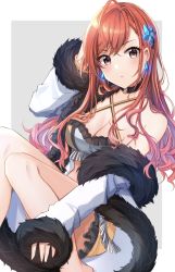 Rule 34 | 1girl, ahoge, arisugawa natsuha, bare shoulders, black choker, breasts, brown eyes, choker, cleavage, criss-cross halter, crop top, earrings, frilled skirt, frills, fur trim, hair ornament, halterneck, hand up, highres, idolmaster, idolmaster shiny colors, jacket, jewelry, knees up, long hair, long sleeves, looking at viewer, medium breasts, midriff, miniskirt, off shoulder, open clothes, open jacket, parted lips, red hair, satoimo chika, skirt, solo, thighs, v-shaped eyebrows, white jacket, yellow skirt