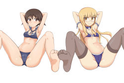 Rule 34 | 2girls, black legwear, blonde hair, blush, breasts, brown eyes, brown hair, cameltoe, glasses, groin, highres, looking at another, miyafuji yoshika, multiple girls, navel, perrine h. clostermann, simple background, small breasts, spread legs, strike witches, thighhighs, wavy mouth, white background, world witches series, yellow eyes