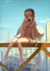 Rule 34 | 1girl, absurdres, arm support, bakemonogatari, bare arms, bare legs, bare shoulders, barefoot, blonde hair, blue sky, building, cityscape, collarbone, commentary request, construction site, day, doughnut, dress, eating, food, goggles, goggles on headwear, helmet, highres, looking at viewer, monogatari (series), oshino shinobu, outdoors, pink dress, pink skirt, red eyes, ruochongsang, sitting, skirt, sky, skyscraper, solo, spaghetti strap, steel beam, strap slip, sunlight, translation request