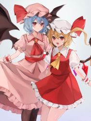 Rule 34 | 2girls, :d, ascot, bat wings, black legwear, blonde hair, blue background, blue hair, blush, brooch, feet out of frame, flandre scarlet, frilled shirt collar, frills, grey background, hair between eyes, hat, hat ribbon, highres, jewelry, looking at viewer, mob cap, multiple girls, open mouth, pantyhose, petticoat, pink skirt, puffy short sleeves, puffy sleeves, red eyes, red ribbon, red skirt, red vest, remilia scarlet, ribbon, sash, shirt, short hair, short sleeves, siblings, sisters, skirt, skirt set, smile, standing, touhou, vest, white shirt, wings, wrist cuffs, zurui ninjin