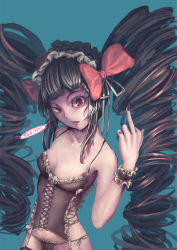 Rule 34 | 1girl, black hair, bow, bow bra, bow panties, bra, breasts, celestia ludenberg, corset, danganronpa (series), drill hair, goth fashion, gothic fashion, headdress, highres, long hair, looking at viewer, medium breasts, middle finger, panties, red eyes, solo, twin drills, underwear, very long hair