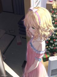 Rule 34 | 1girl, alarm clock, bare shoulders, blonde hair, blush, bow, box, breasts, christmas tree, cleavage, clock, closed mouth, collarbone, commentary request, futon, gift, gift box, green eyes, hair bow, hairband, highres, idolmaster, idolmaster cinderella girls, indoors, jewelry, lingerie, lips, matanonki, navel, necklace, negligee, pink bow, pink hairband, sakurai momoka, see-through, short hair, short sleeves, small breasts, solo, standing, tatami, tissue box, underwear, wooden floor