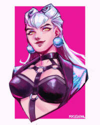 Rule 34 | 1girl, artist name, asymmetrical bangs, black choker, blue jacket, blush, breasts, choker, cone hair bun, cropped jacket, demon, demon girl, drop earrings, earrings, evelynn (league of legends), eyeshadow, hair bun, highres, jacket, jewelry, k/da all out evelynn, league of legends, long hair, looking at viewer, makeup, medium breasts, o-ring, open clothes, open jacket, osevno, pink background, pink lips, purple eyeshadow, revealing clothes, smile, solo, the baddest evelynn, upper body, white hair, yellow eyes