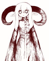 Rule 34 | 1girl, blush, brown theme, buttons, closed mouth, cowboy shot, curled horns, dress, hatching (texture), high collar, highres, horns, long hair, long sleeves, looking at viewer, monochrome, oka (okakanoka), original, pointy ears, simple background, sleeves past fingers, sleeves past wrists, solo, standing, white background